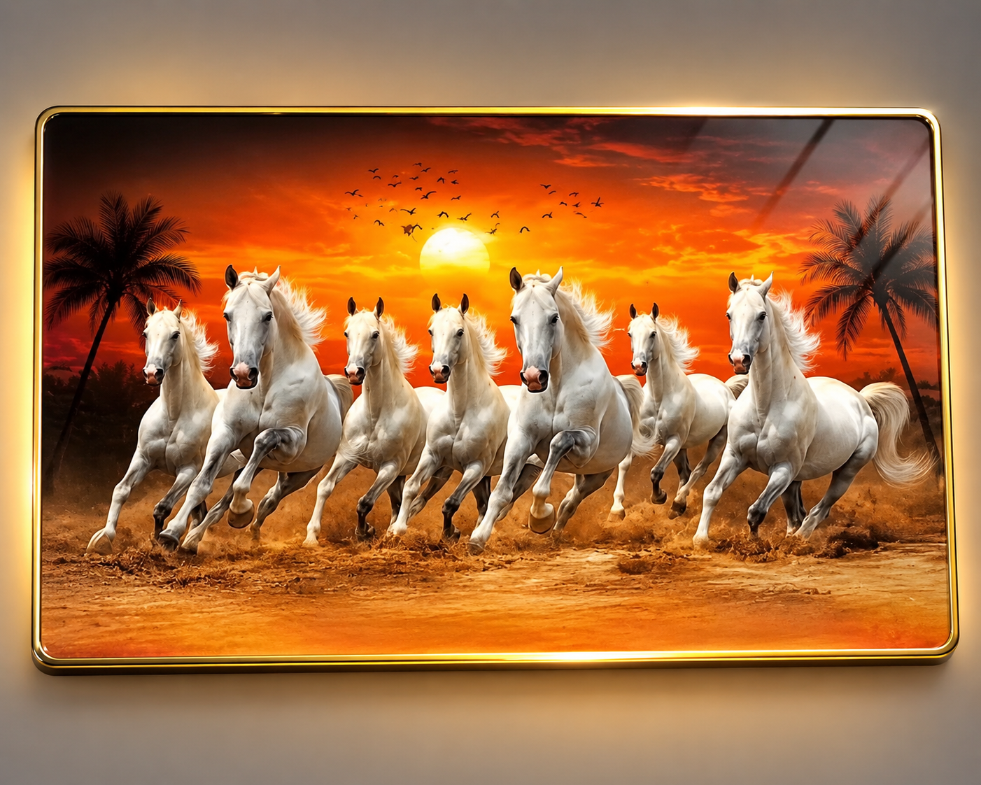 Majestic White Horses Sunset Framed Wall Art