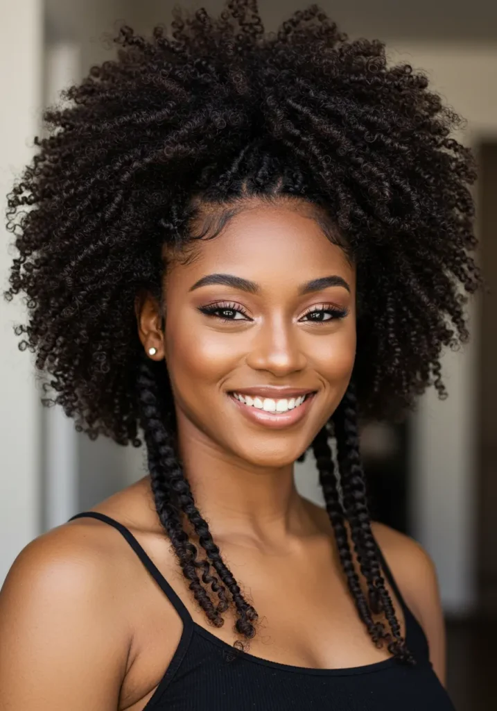 Mid-Length 4C Afro Puff with Side Braids