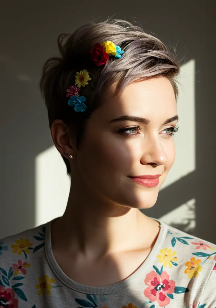 Pixie Cut with Floral Pins