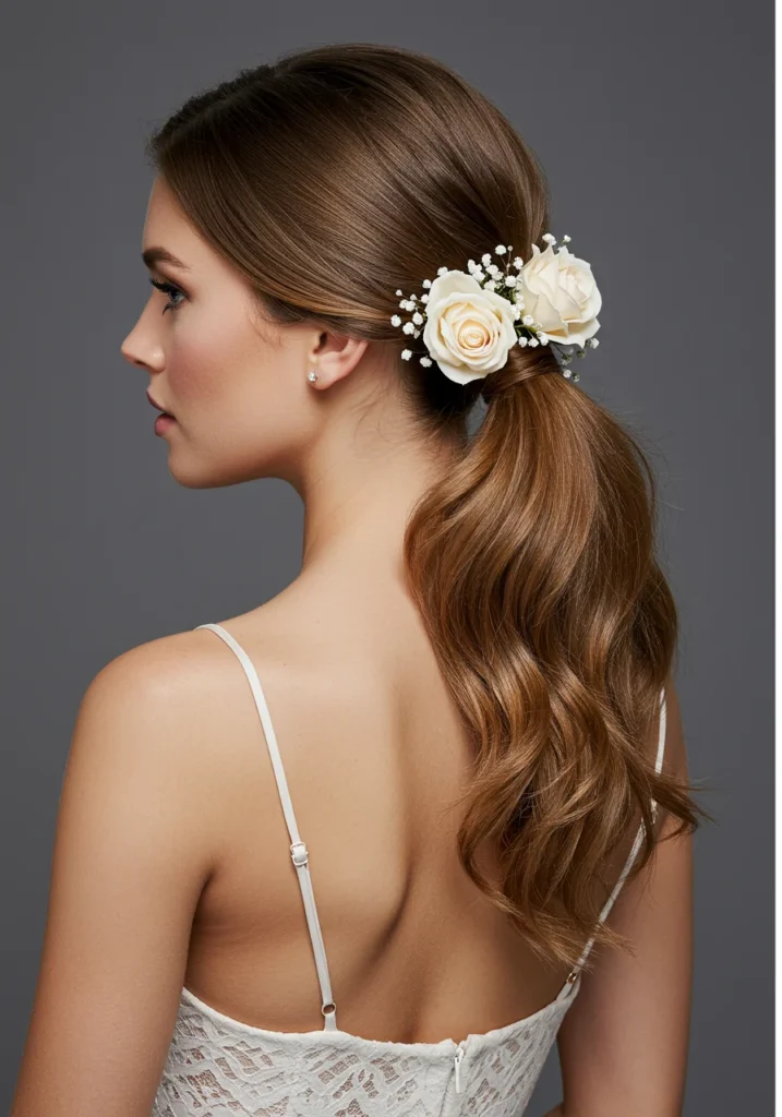 Low Wedding Ponytail with Flowers
